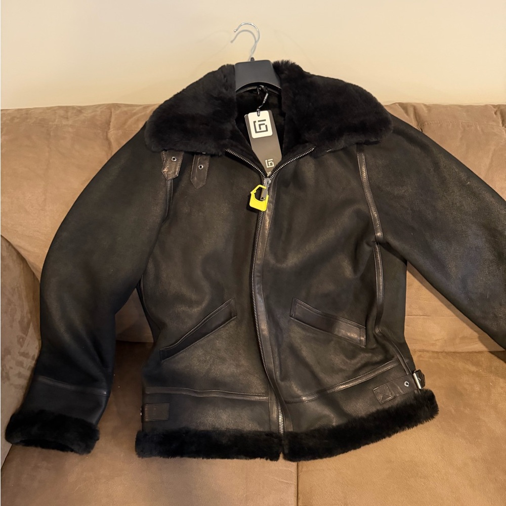 Men's Black Shearling Leather Bomber Jacket - Brand: